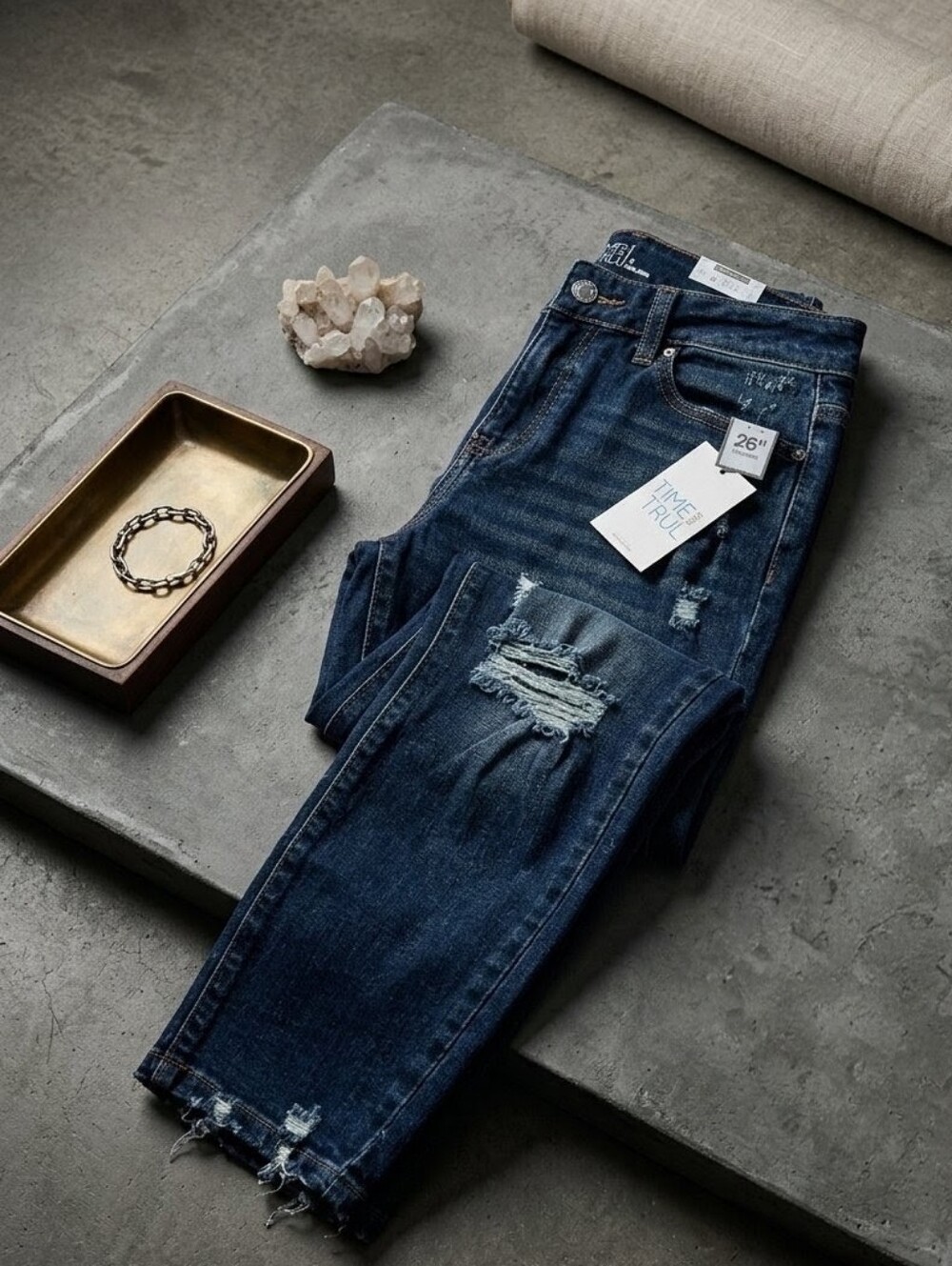 Time and Tru Dark Indigo Distressed Cropped Jeans